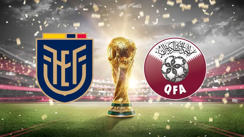 Qatar Soccer team logo and Ecuador Soccer team logo on top of World Cup 2022 Banner with trophy