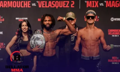 Bellator 289 featured banner image containing Stots and Sabatello posing after weigh in