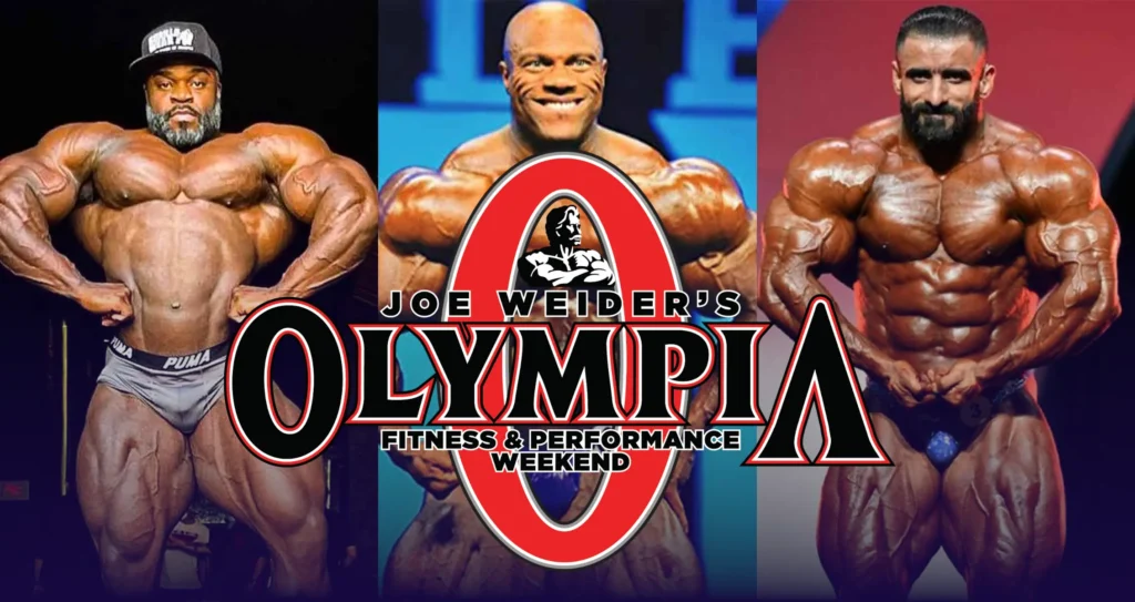 Joe Weider's Mr. Olympia 2022 featured banner containing three body builder posing and Olympia logo on top of it