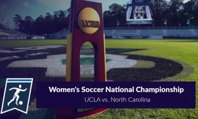 NCAA Women's College Cup Final Trophy on a grash field and text and nCAA soccer logo