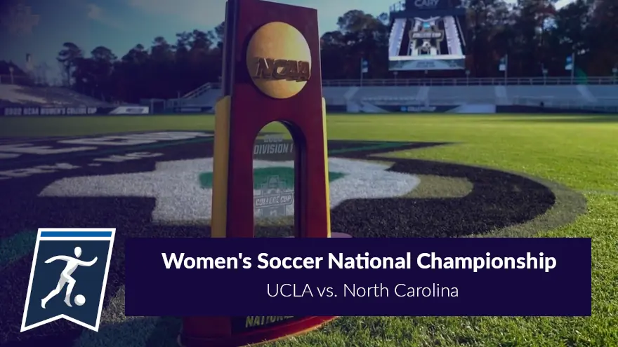 NCAA Women's College Cup Final Trophy on a grash field and text and nCAA soccer logo