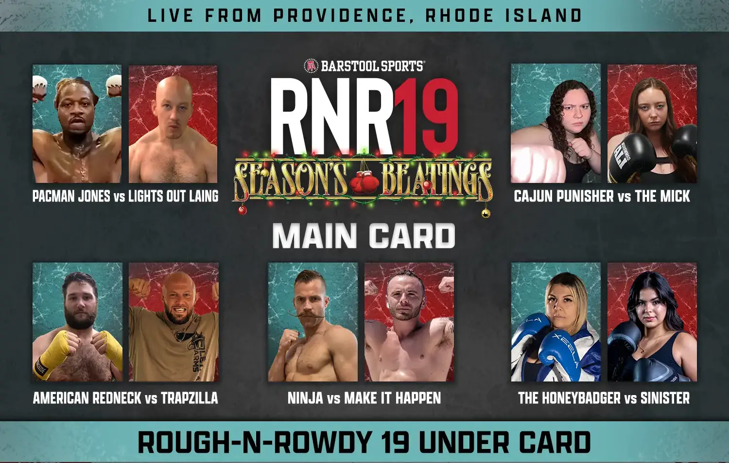 Rough N' Rowdy 19 featured banner containing fight cards and RNR19 logo