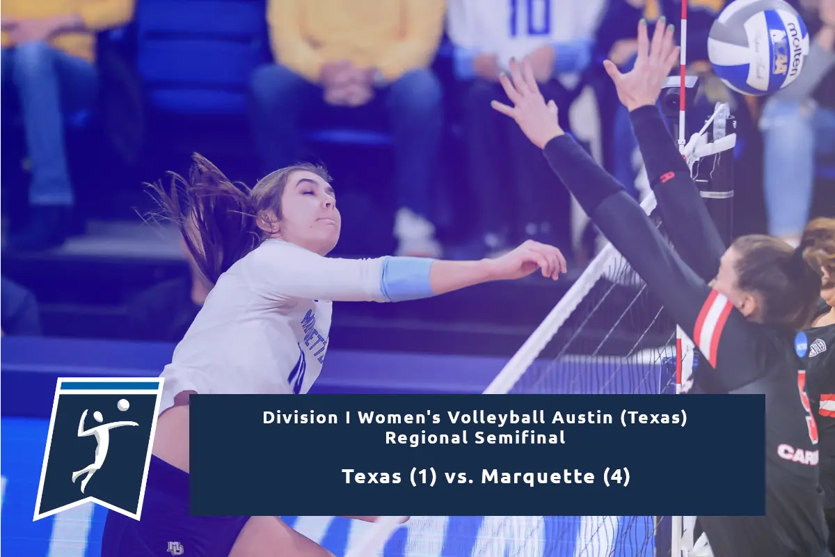 Texas Women's Volleyball vs Marquette Women's Volleyball Division I featured banner image containing women player playing volleyball