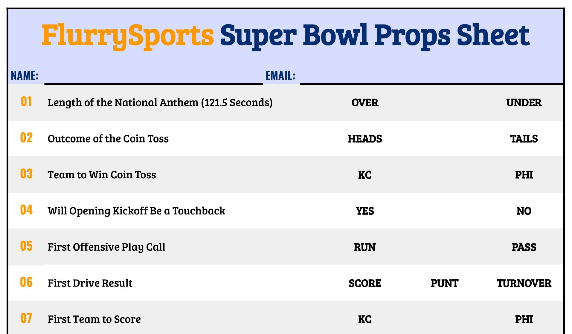 Printable Super Bowl Props Sheet 2023